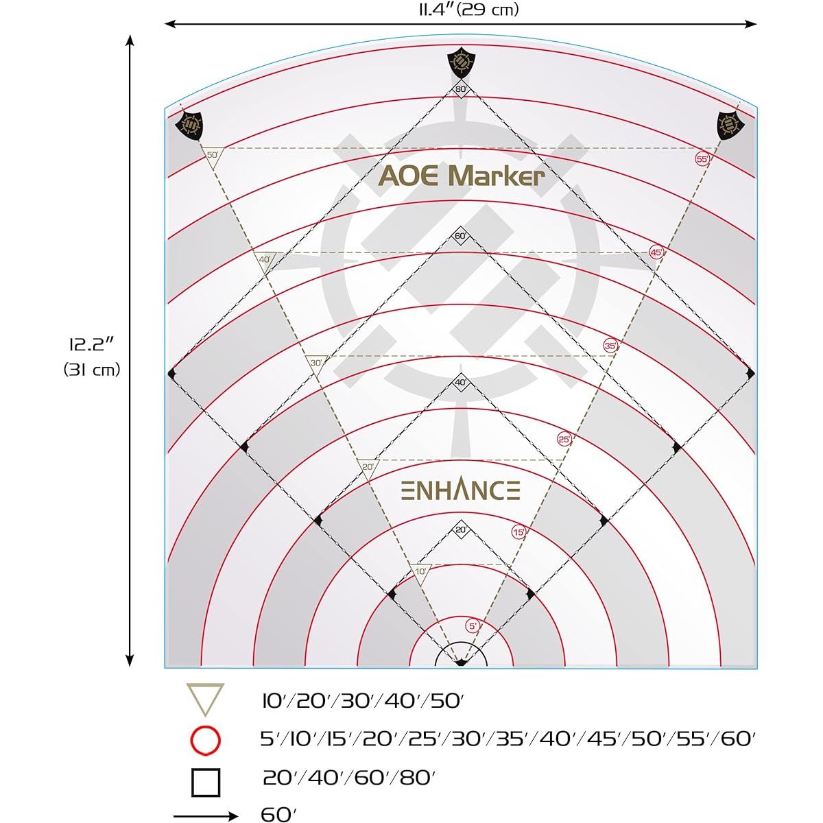 ENHANCE 60' Spell AOE Template - DND Area of Effect Markers for 1" Battle Grid Mats or Gridless Terrain - 60' Radius, 80' Cube, 50' Cone - Perfect for Tabletop RPG DMS