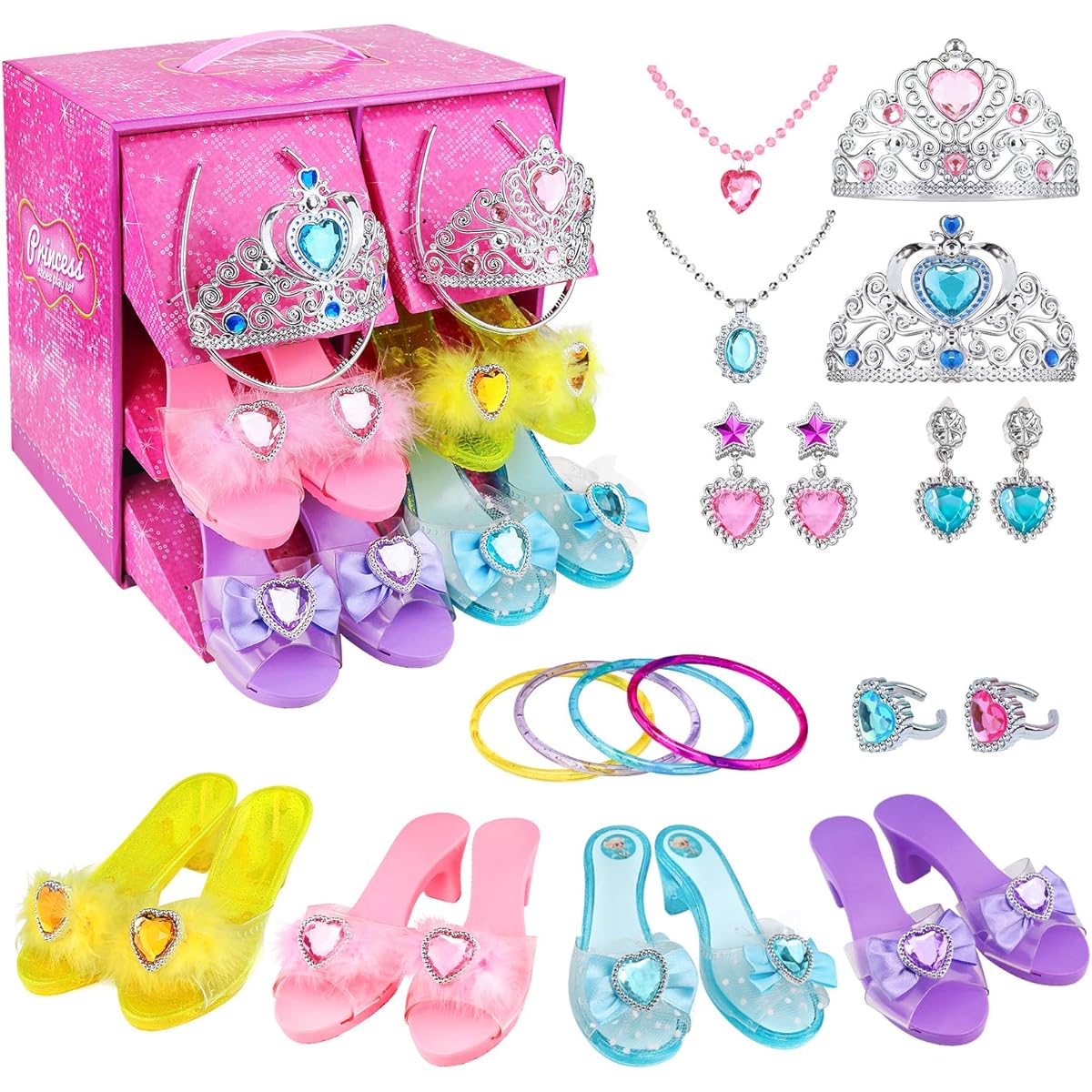 Teuevayl Girls Princess Dress Up Shoes Jewelry Boutique Princess Role Play Shoes Collection Set 4 Pairs Shoes Princess Jewelry Accessories for 3 4 5 6 Year Old Little Girls