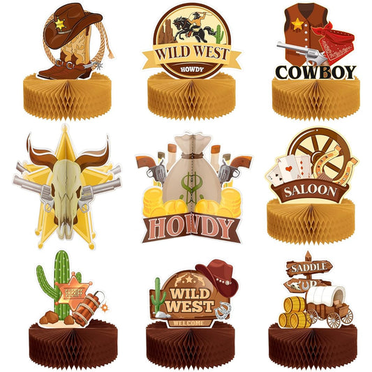 9 Pieces Wild West Cowboy Party Decorations Paper Honeycomb Table Decor Farm Western Theme Centerpieces Western Party Table Decor Honeycomb Table Toppers Birthday Party Favors Baby Shower Supplies