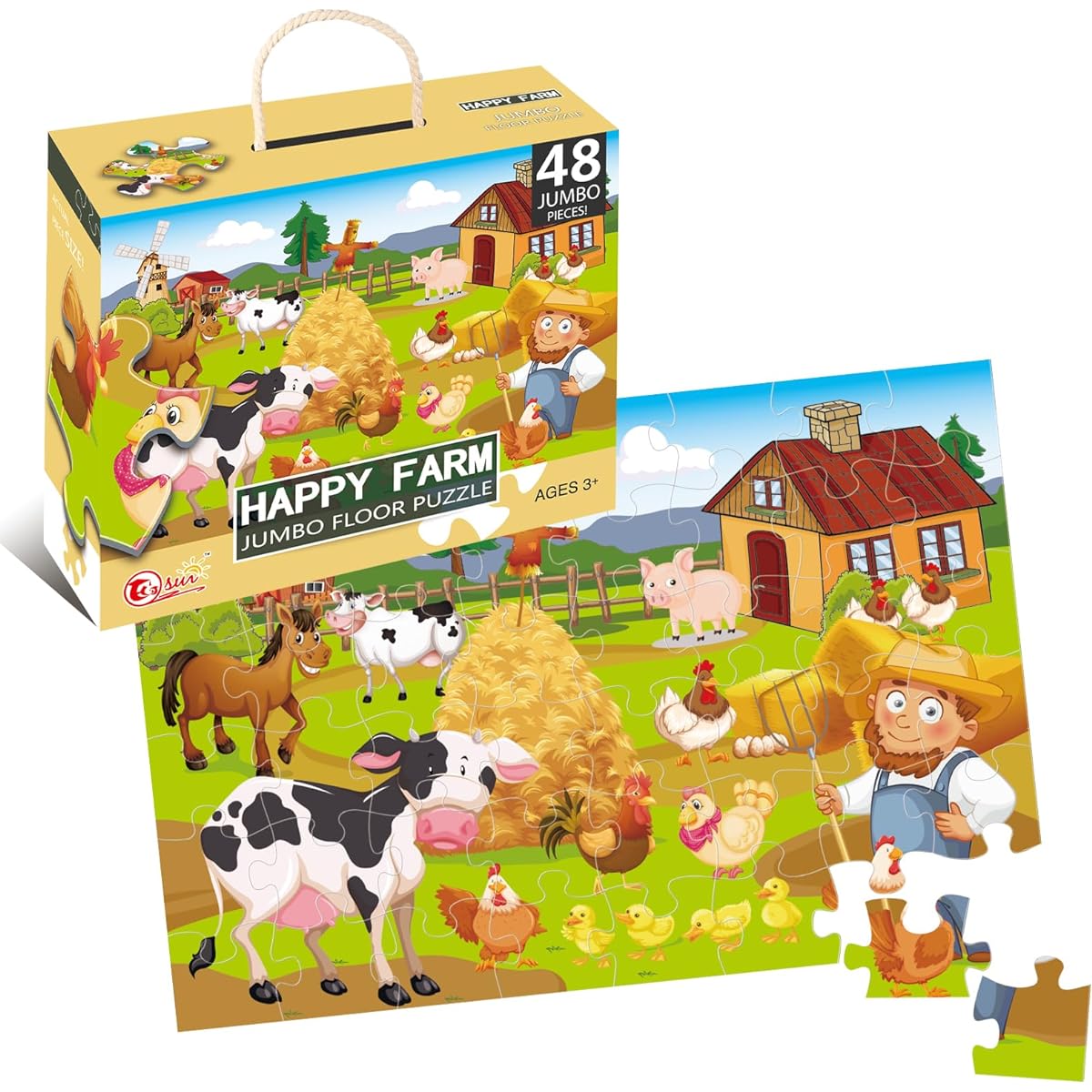JZMDEDR Jumbo Floor Puzzle for Kids Happy Farm Jigsaw Puzzle 48 Pieces 3-5 Years Preschool Learning Ability Toy Large Floor Puzzle for Toddlers & Kids 4-8 Years (2 x 3 Feet)