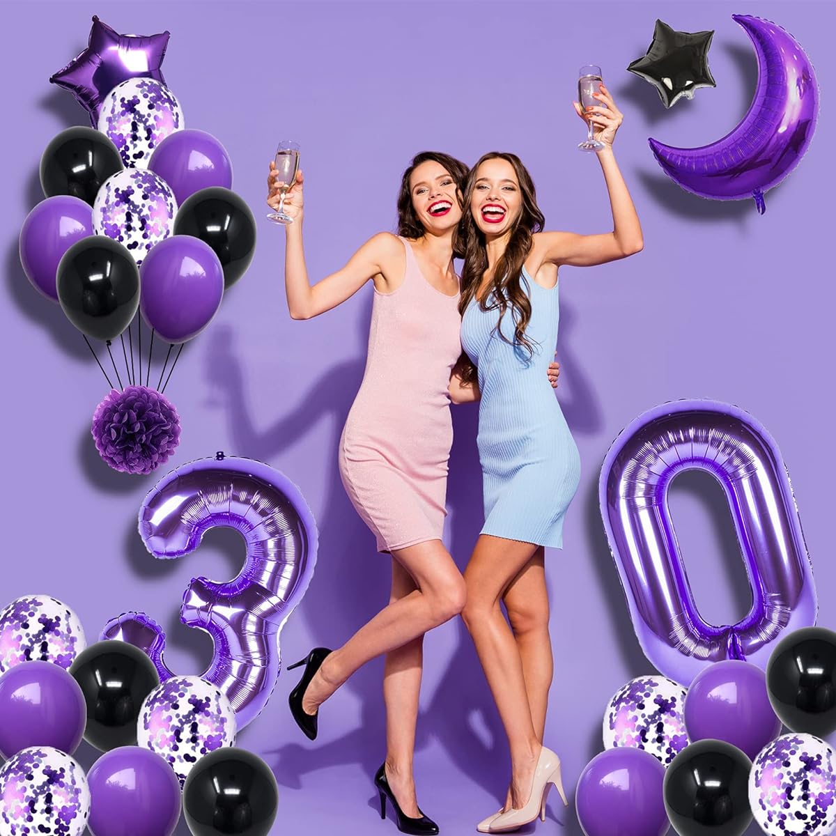 NANINUNENO 30th Birthday Decorations Set for Girls Women Boys Men Purple Black 30pcs Happy Birthday Balloons Supplies Purple Number Balloons 30pcs Happy Birthday Banner and Moon Balloon