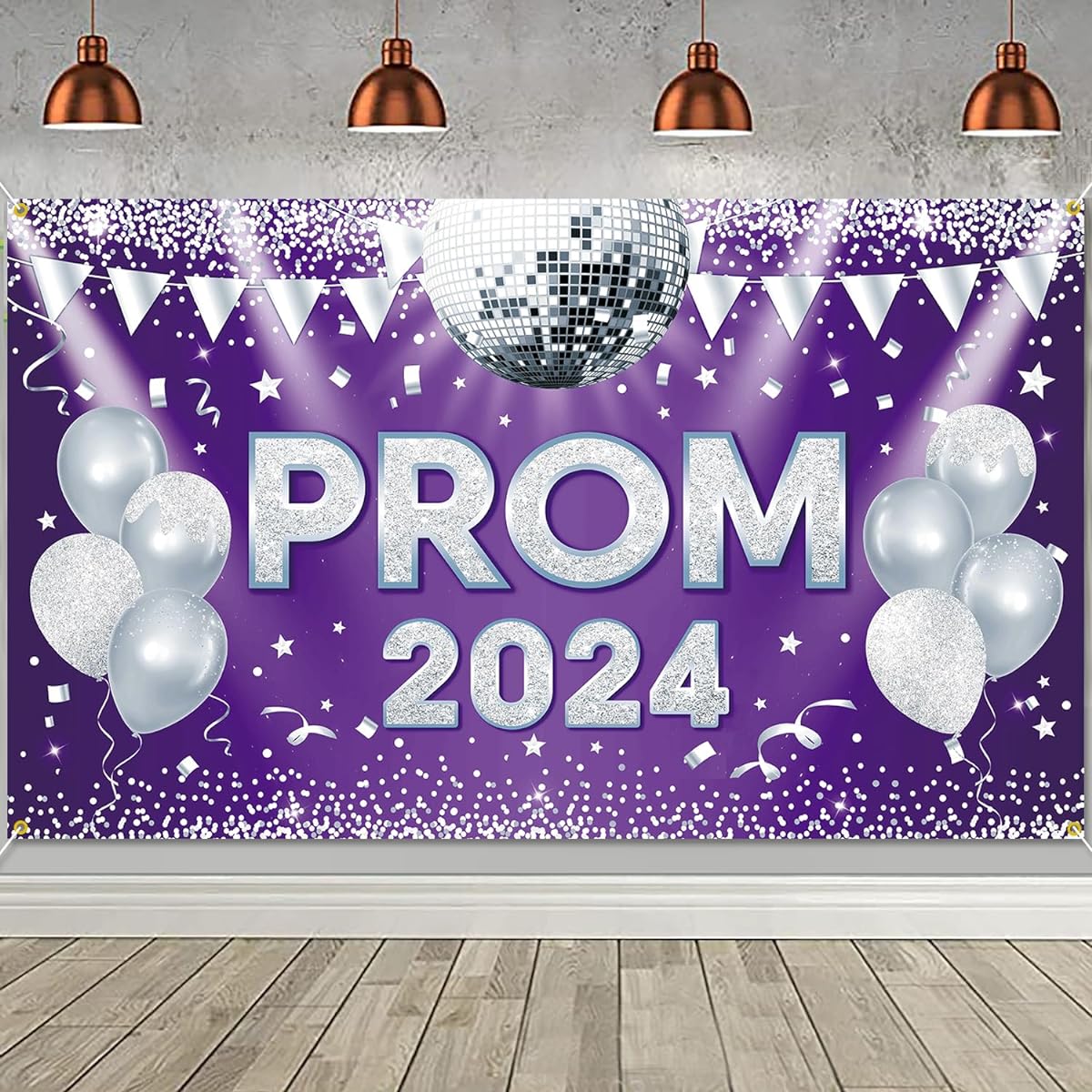 PTFNY Prom 2023 Background Banner 73 x 43 Inch Graduation Prom Decorations Background Banner Silver and Purple 2023 Graduation Prom Party Decorations