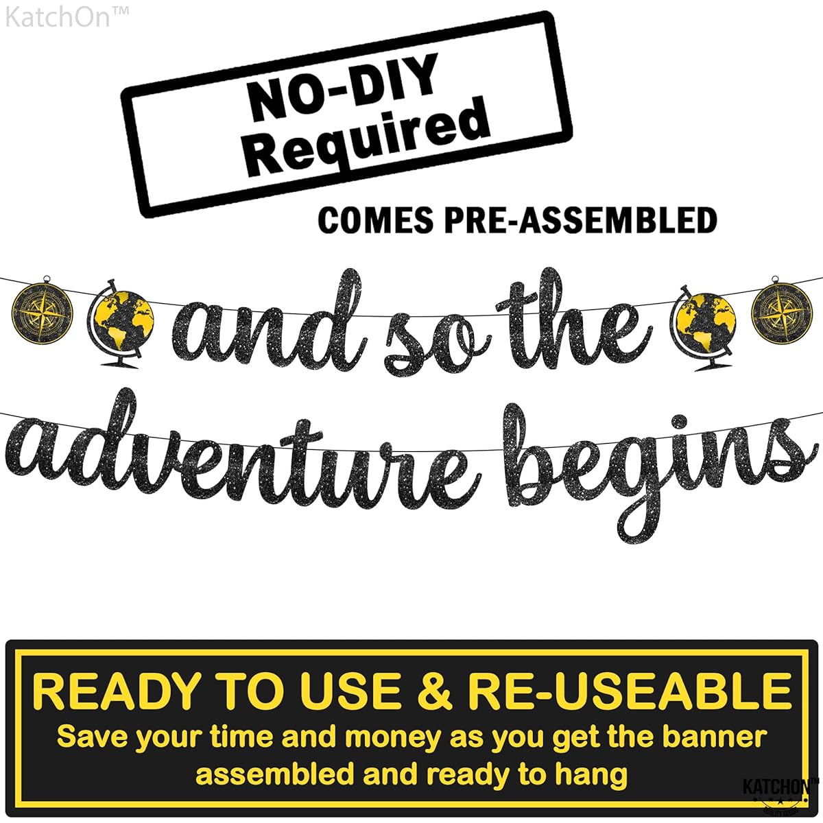 KatchOn, And So The Adventure Begins Banner - Glitter 10 Feet | Graduation Decorations Class Graduation Banner 2024 | Black Graduation Glitter Banner | Graduation Party Decorations 2024