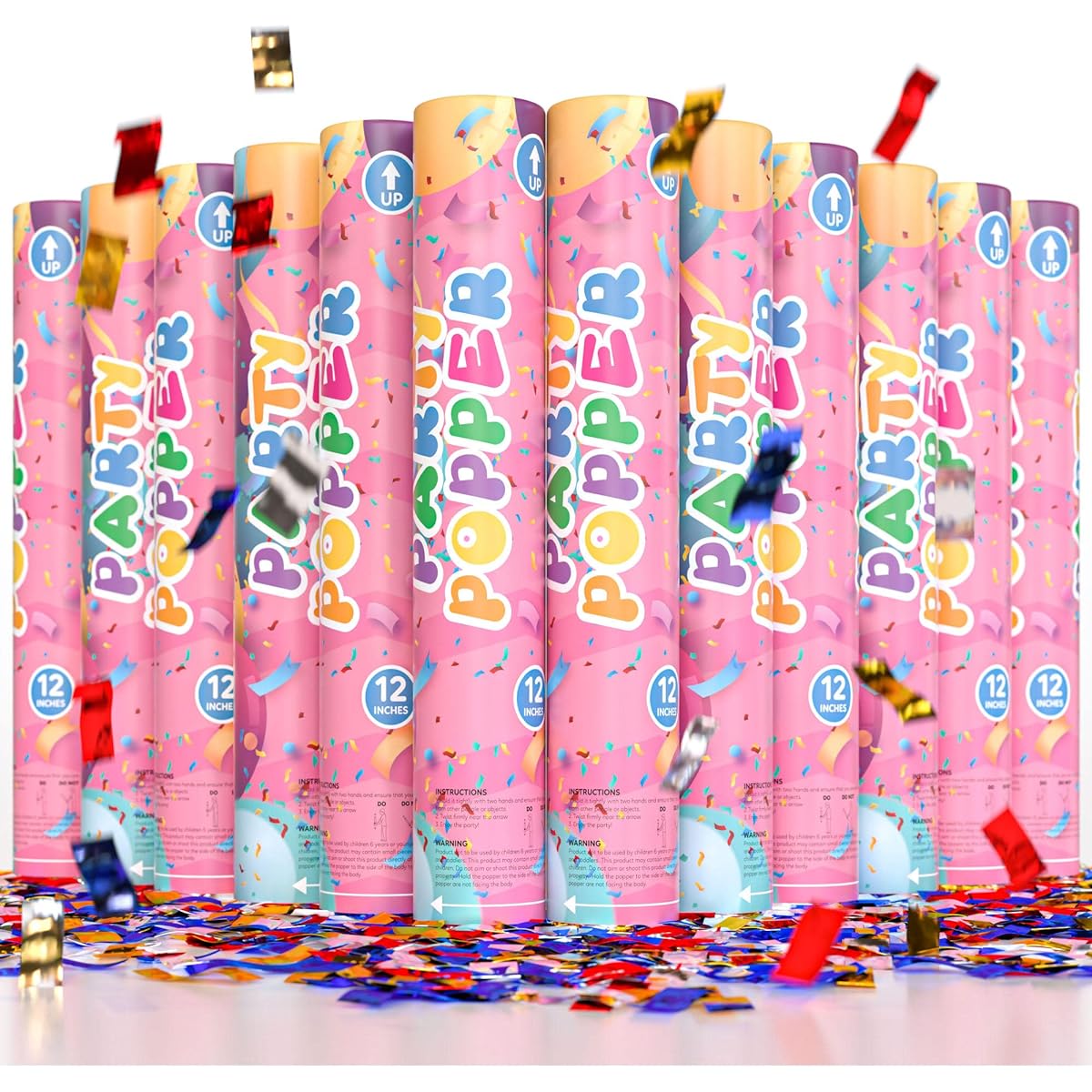 Confetti Cannon Confetti Poppers 12 Pack | Shiny Multicolor | TUR Party Supplies | Up to 25 Feet | Giant (12 Inch) | Party Poppers for New Year's Eve, Christmas, Graduation, Birthday, Wedding