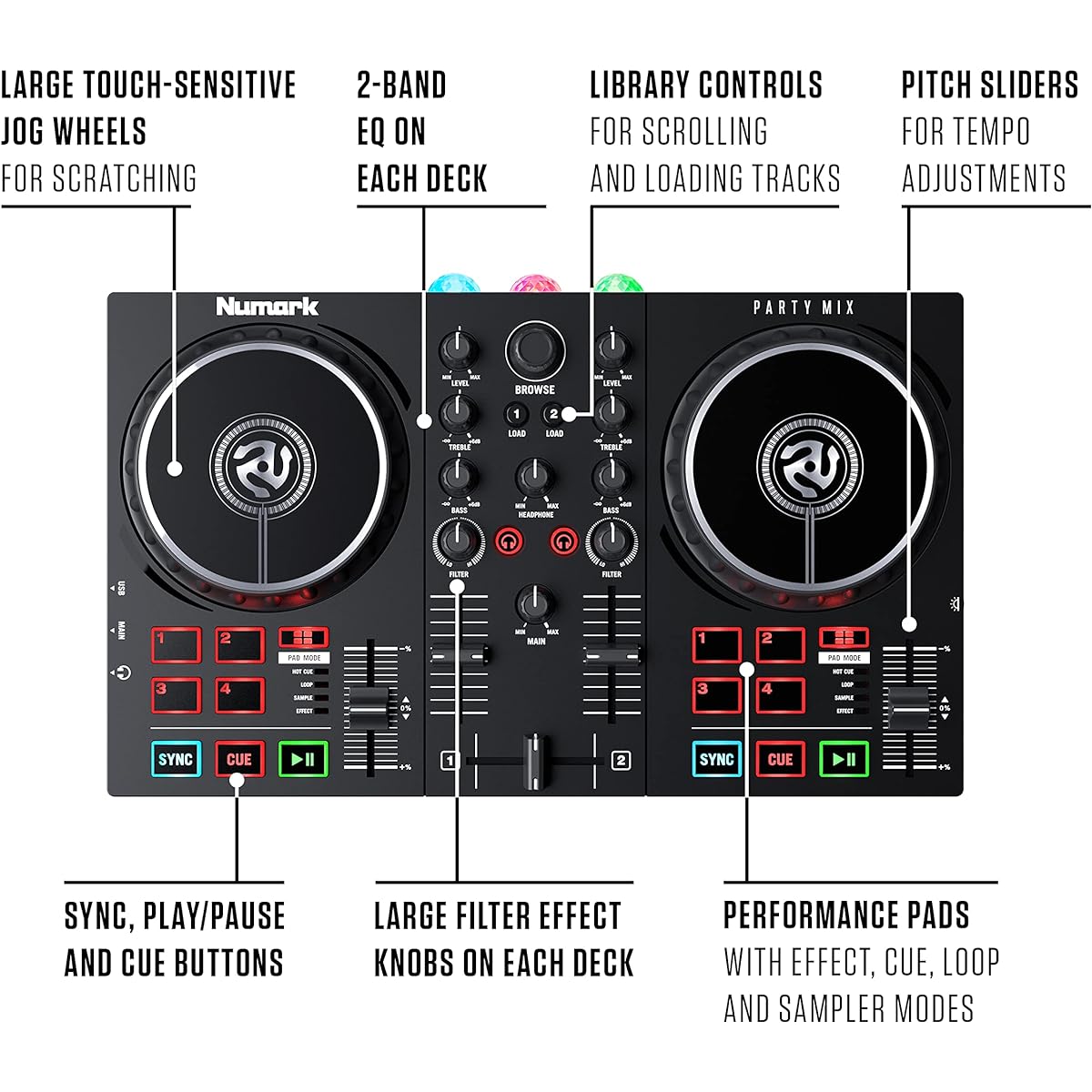 Numark Beginner DJ Controller and Sealed Headphone Set Party Mix ll & HF175 Numark