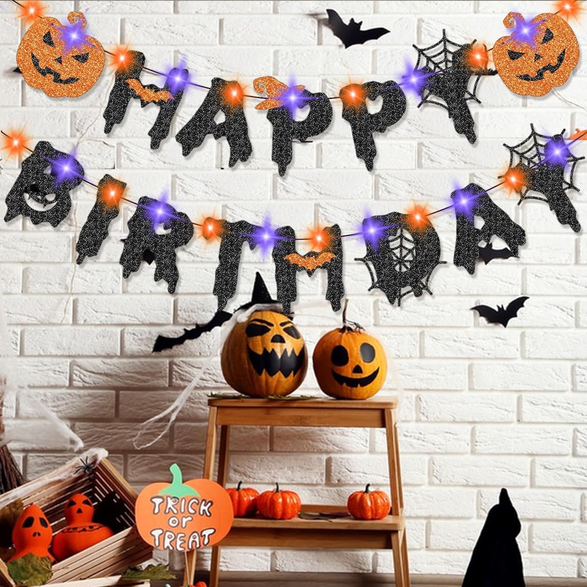 Halloween Happy Birthday Banner with Lights Halloween Birthday Party Decorations Black Glitter Halloween Happy Birthday Banner with String Lights Pumpkin Bat Orange Purple LED Lights String Fireplace Decorations