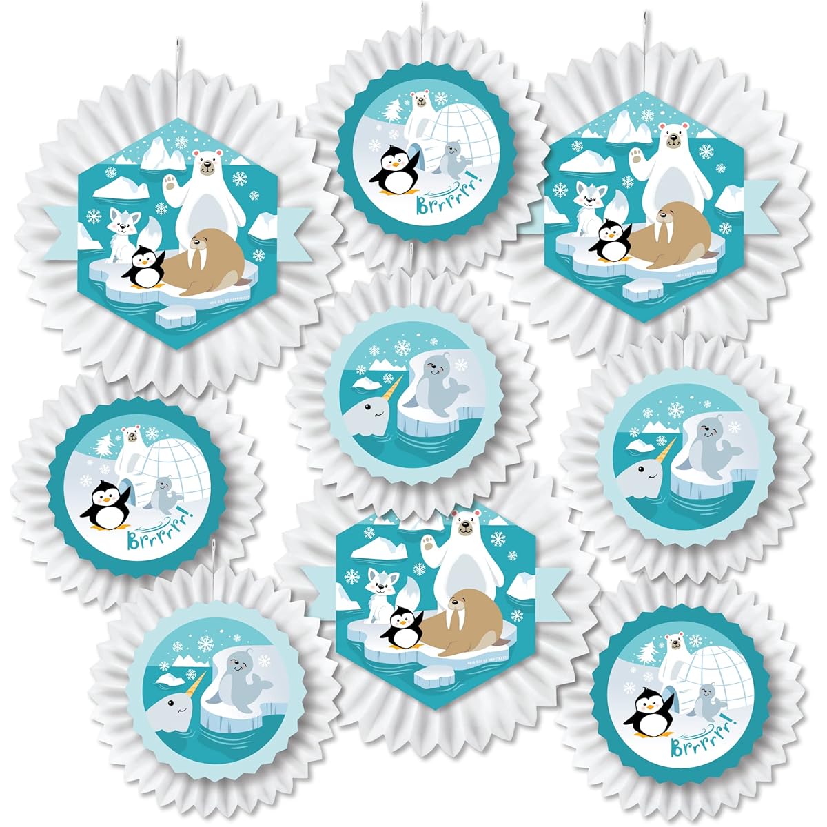 Big Dot of Happiness Arctic Animals - Hanging Winter Baby Shower or Birthday Party Tissue Decoration Kit - Paper Fans - Set of 9