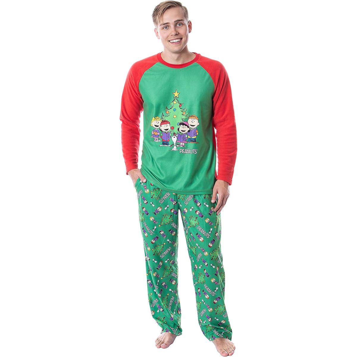 Peanuts Mens' Christmas Holiday Season Sing Along Sleep Pajama Set (X-Small) Green