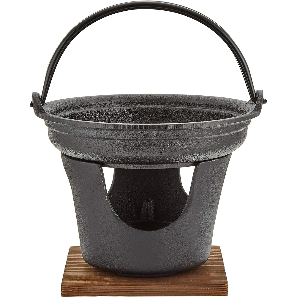 Asahi Iron Nanbu Sukiyaki Pot Stove Set Cast Iron/Wood Stand: Natural Wood Japan QSK41