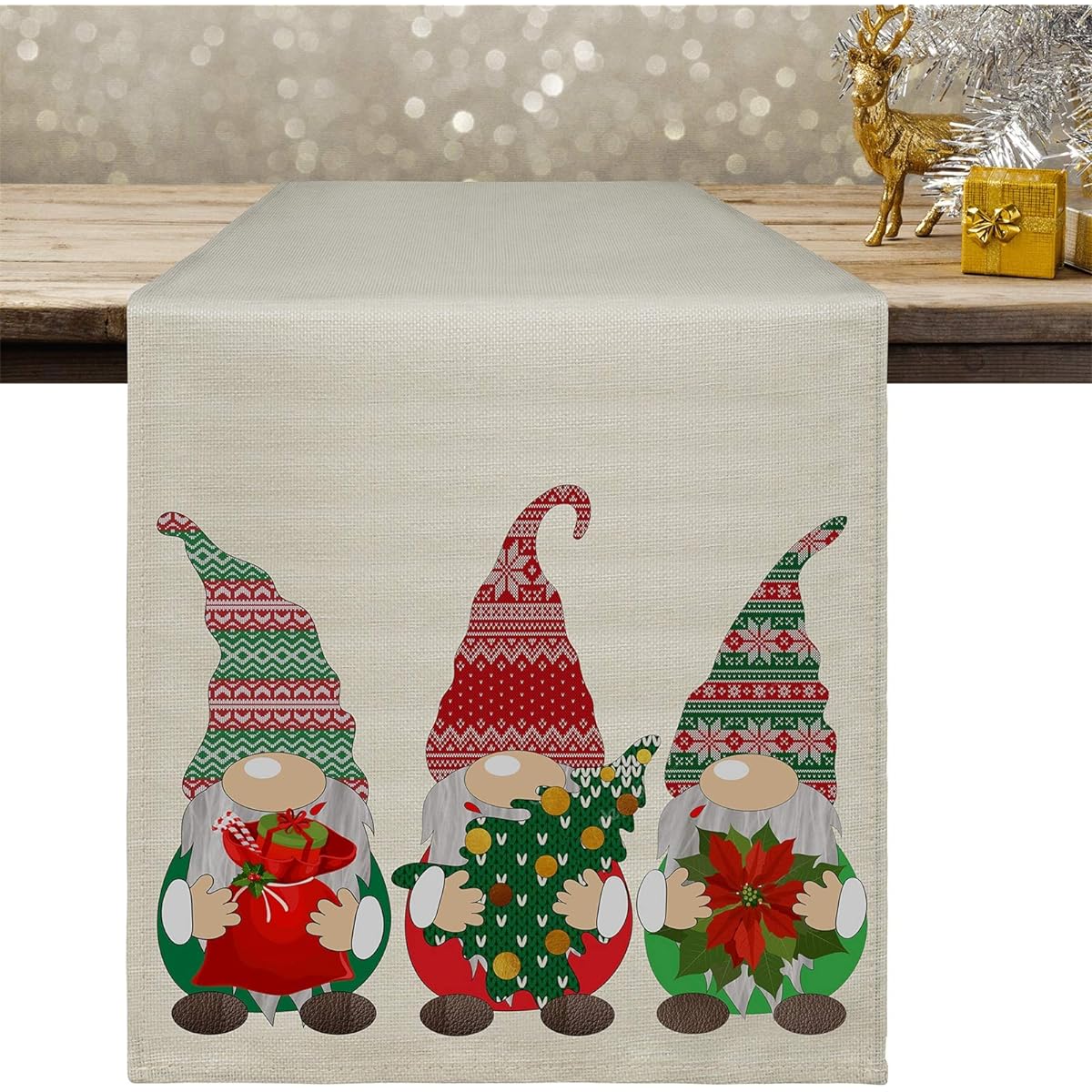 Gnomes Table Runner Elf Christmas Tree Flower Tablecloth Mat for Kitchen Dining Table Burlap Linen Indoor Outdoor Home Party Decor 13 x 72 Inch