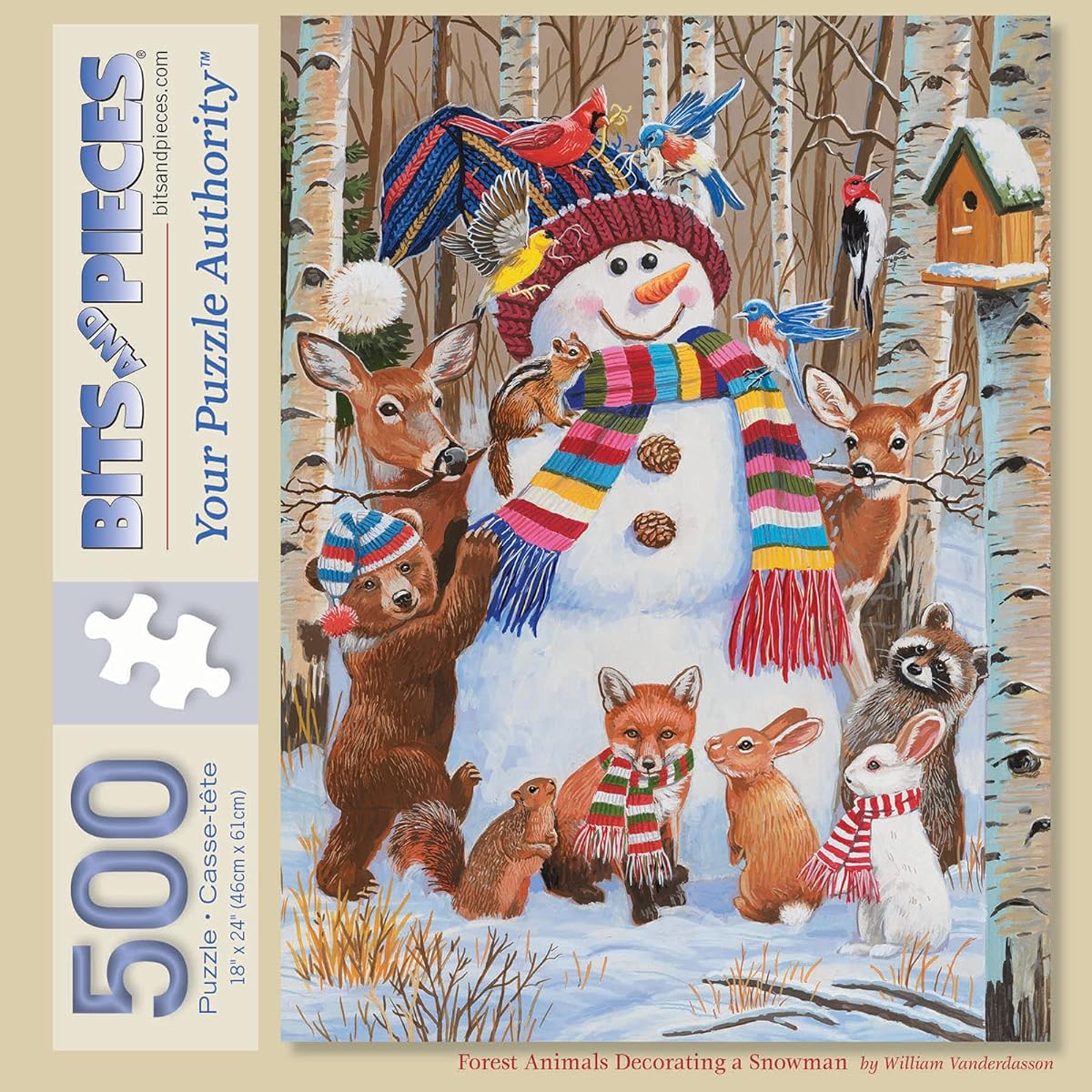 Bits and Pieces - 500 Piece Jigsaw Puzzle for Adults 18" x 24" - Woodland Animals Decorating a Snowman - 500 Piece Winter Snow Holidays Forest Scarf Birds House Jigsaw Puzzle Artist: William Vanderdasson