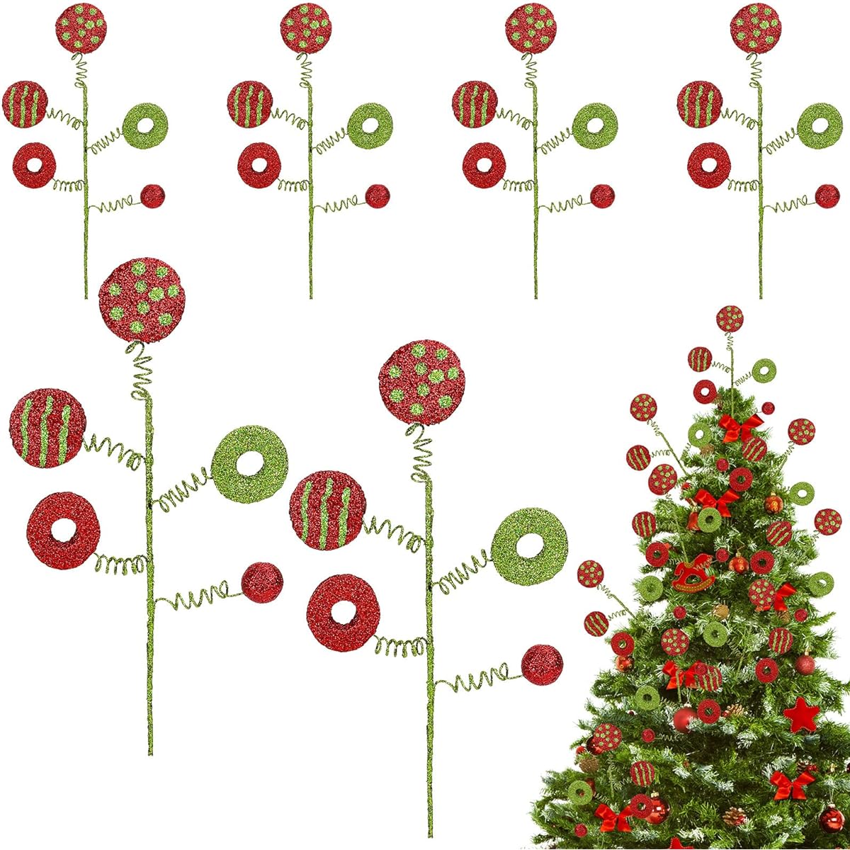 Whaline Christmas Tree Decorations, Christmas Tree Curly Picks Red Green Craft Picks for Holiday Table Centerpieces Christmas Crafts Wreaths Home Party Christmas Tree Decor Supplies 6pcs