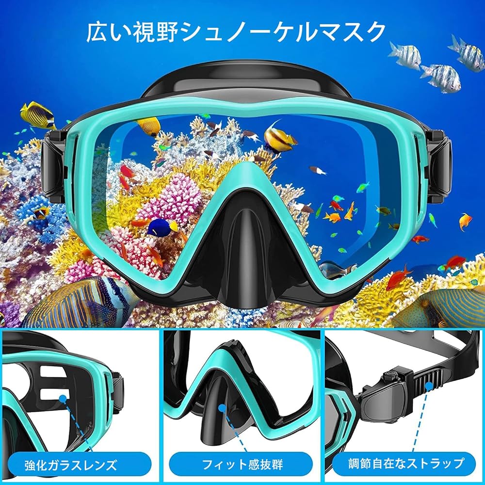 Snorkel set for adults, dry snorkel, tempered glass, underwater mask, snorkeling fins, easy to put on and take off, unisex, for beginners, storage bag included