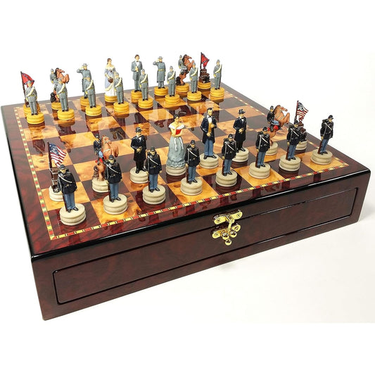 American Civil War Queens Chess Set with 17" High Gloss Cherry & Burl Wood Color Storage Board
