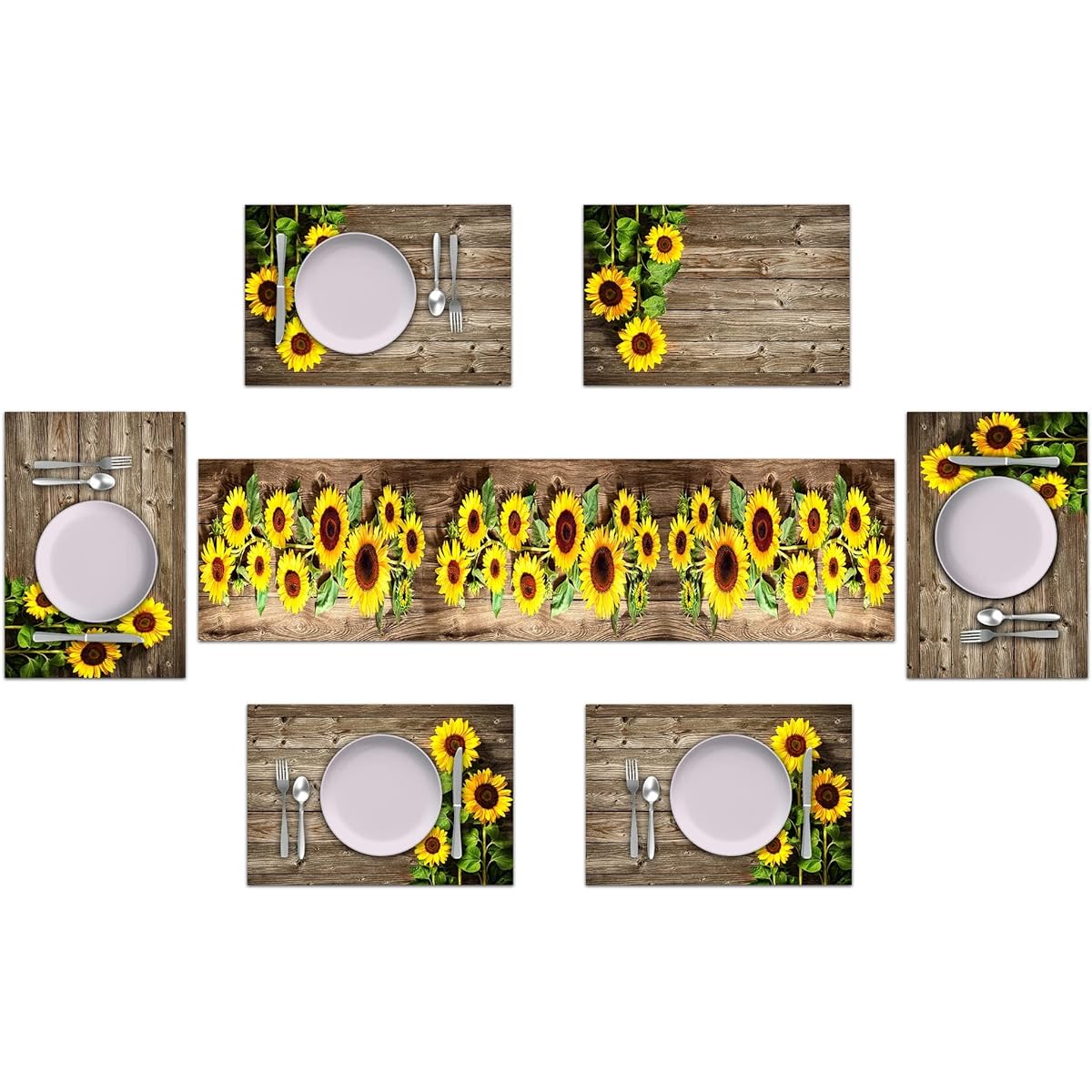 Llsty Sunflower Table Runner Placemats Set of 6 Wooden Sunflower Placemats Cloth Dining Mat Set Floral Pattern Table Runner Home Kitchen Decor 108 Inch Length