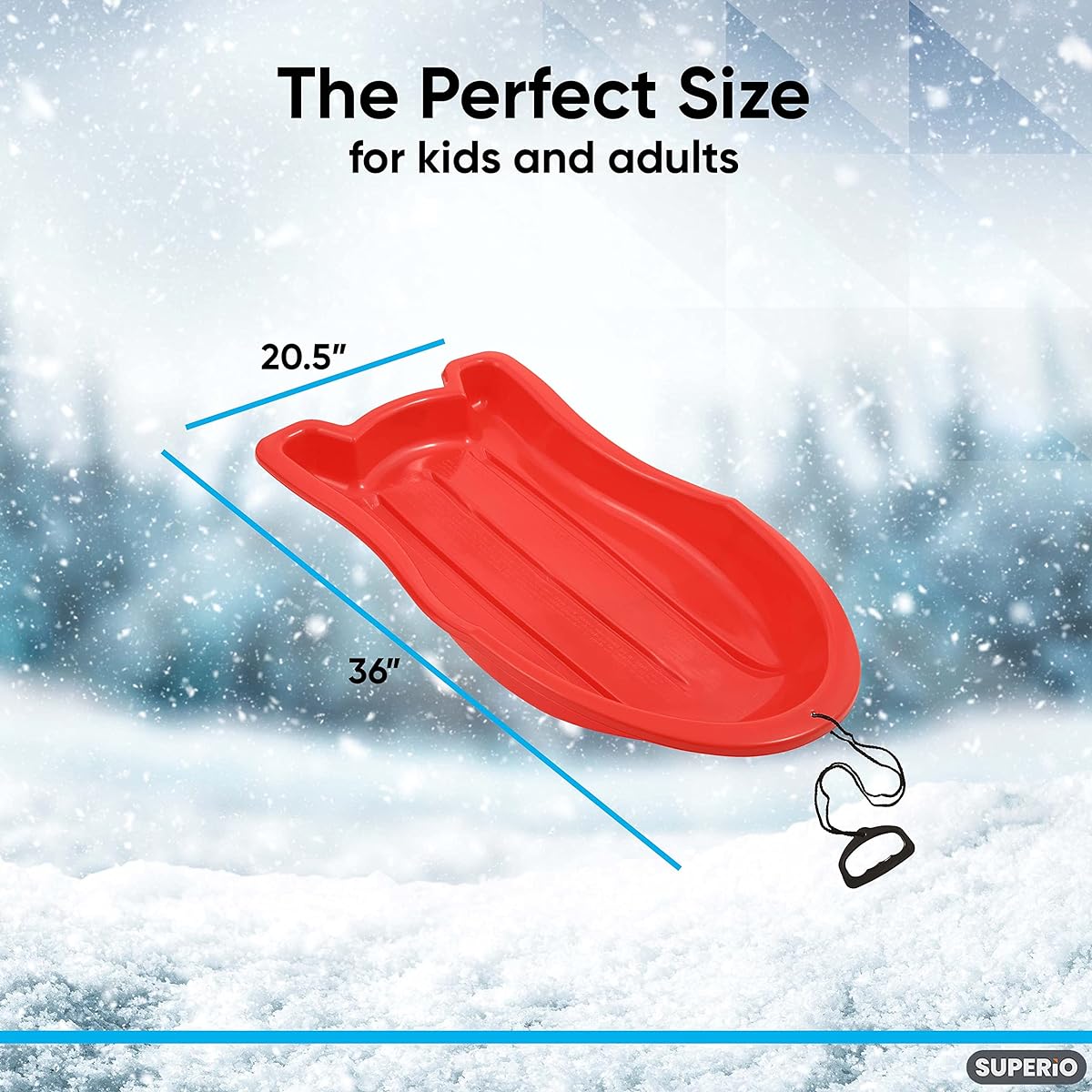 Superio Outdoor Toboggan Snow Sled, Winter Booster Sled, Durable Plastic for Kids and Adults, with Pull Rope (Blue)