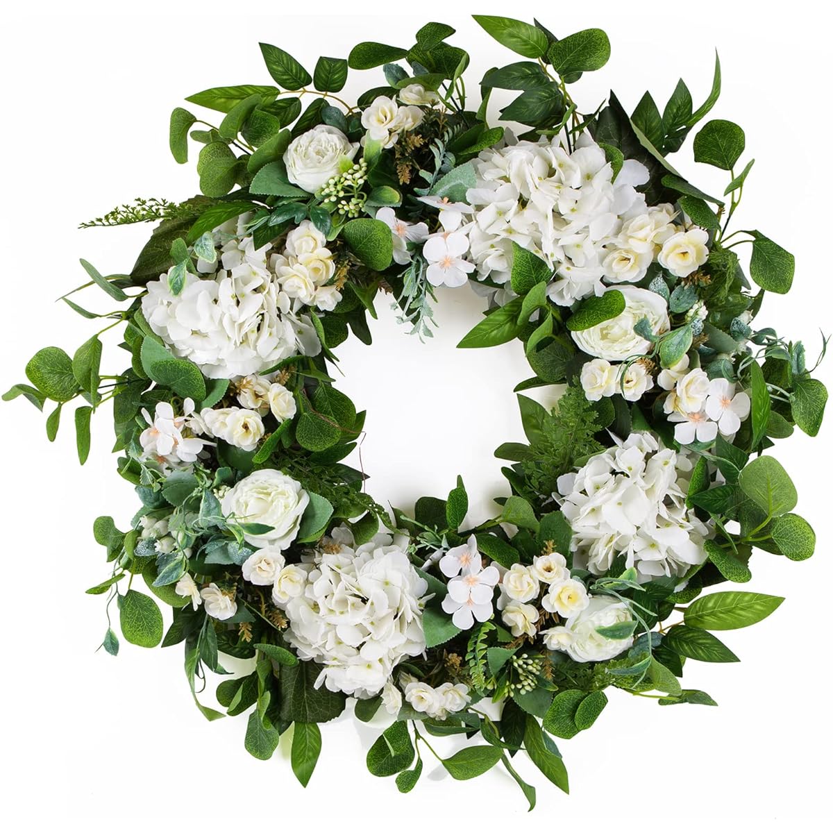 Spring Summer Wreath for Entryway 24" White Eucalyptus Wreath with Flowers Outdoor Easter Wreath Entryway Decor St. Patrick's Day Wreath Green Wreath Farmhouse