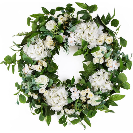 Spring Summer Wreath for Entryway 24" White Eucalyptus Wreath with Flowers Outdoor Easter Wreath Entryway Decor St. Patrick's Day Wreath Green Wreath Farmhouse