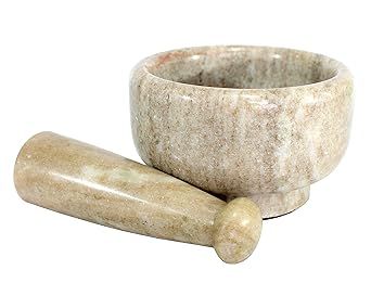 KLEO 5" Diameter Natural Stone Marble Mortar and Pestle Set Spice Grinder, Medicine Masher (Beige)