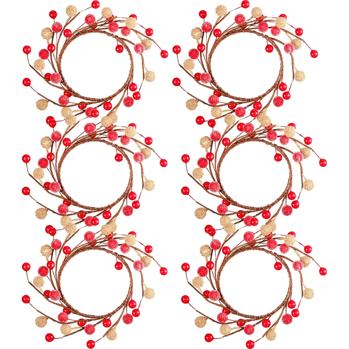 WILLBOND Christmas Candle Ring Wreath Mini Fall Berry Twig Wreath Candle Wreath Farmhouse Candle Wreath Ring Table Centerpiece Decor for Christmas Thanksgiving Party Frost Berries 6 Pack