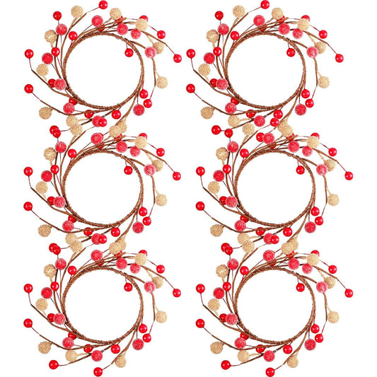WILLBOND Christmas Candle Ring Wreath Mini Fall Berry Twig Wreath Candle Wreath Farmhouse Candle Wreath Ring Table Centerpiece Decor for Christmas Thanksgiving Party Frost Berries 6 Pack