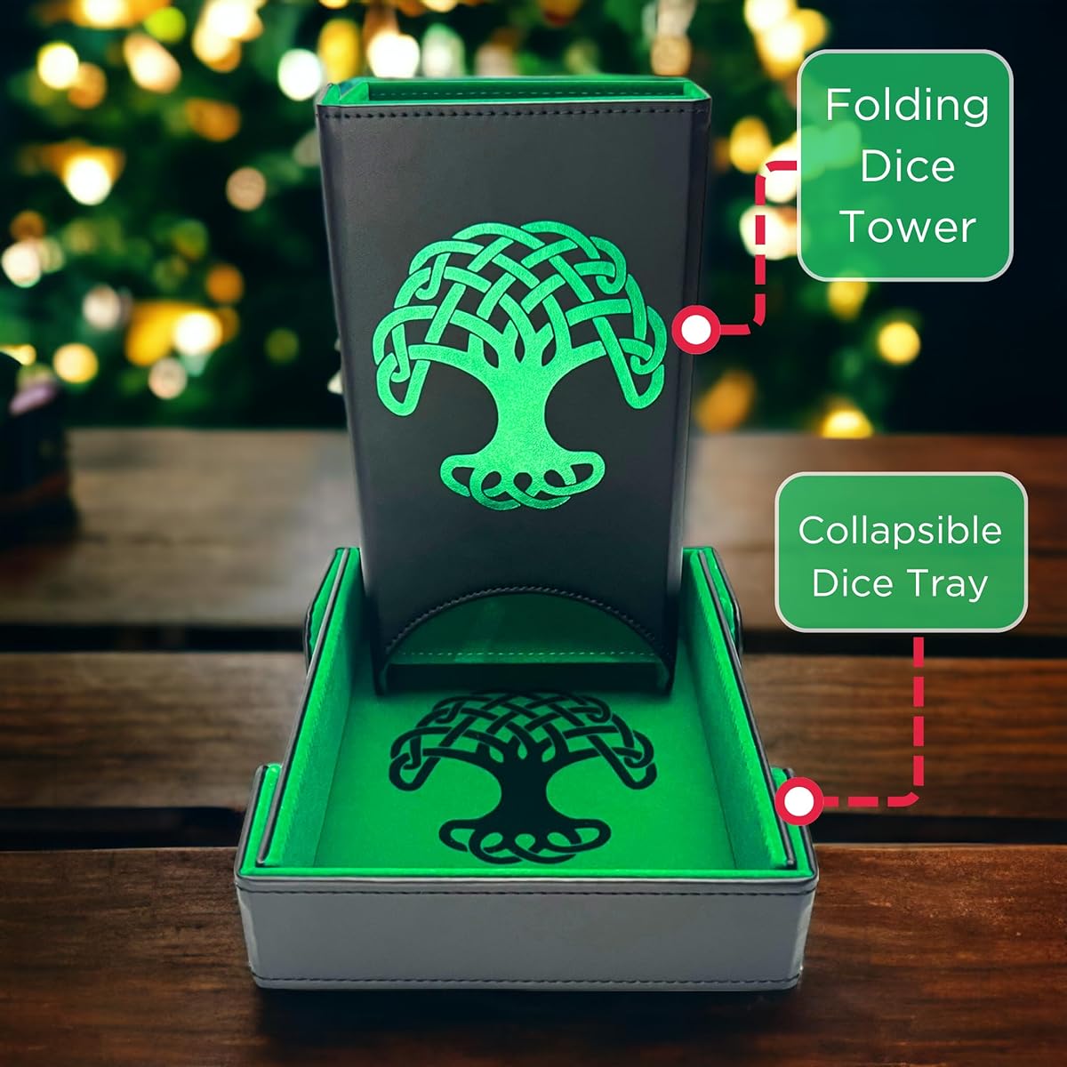Luck Lab Foldable Dice Tower and Dice Tray for RPG Tabletop Games - Black/Green - Tree of Life Design