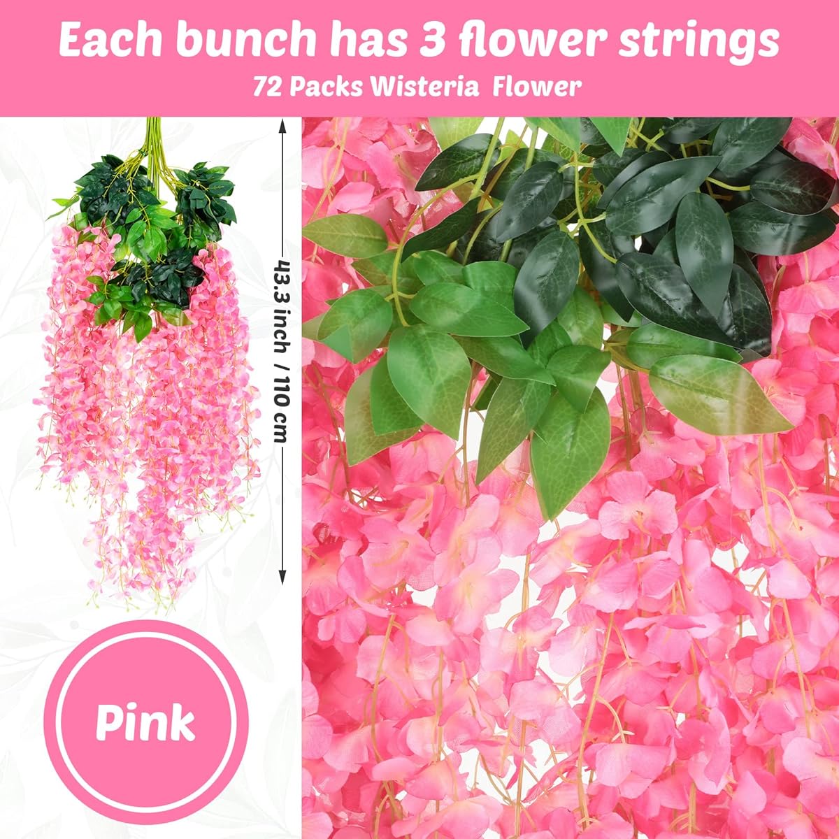 Panelee 48 Pack 43.3 Inch/3.5 Feet Artificial Wisteria Garland Hanging Flowers Wisteria Garland Fake Vine Garland for Wedding Party Outdoor Garden Green Home Wall Decoration (Pink 72 Pack)