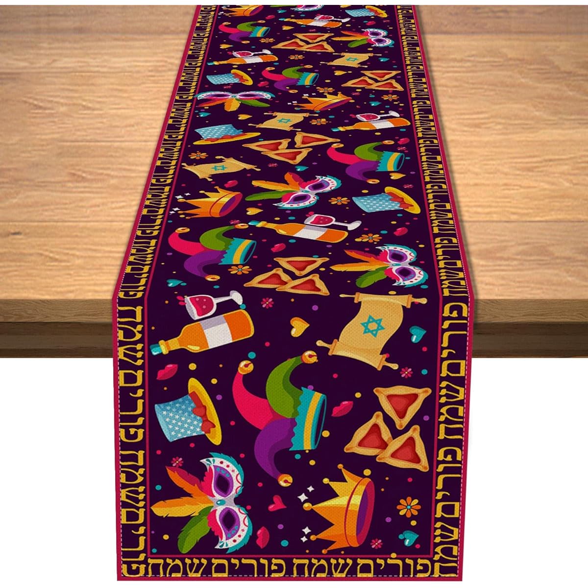 Happy Purim Table Runner Jewish Holiday Carnival Party Circus Crown Table Cover Hammantashen Hat Mask Glagger Tablecloth Linen Indoor Outdoor Birthday Holiday Party Kitchen Home Table Decor