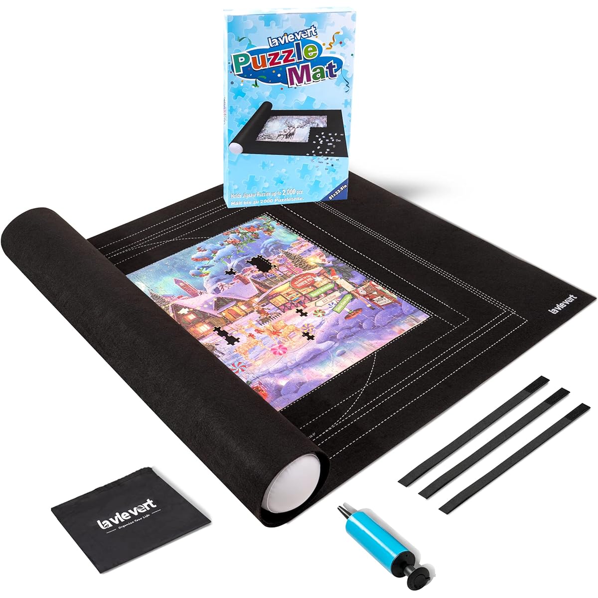 Lavievert Jigsaw Puzzle Mat Roll Up Unique Auxiliary Line Design Fits Puzzles up to 2000 Pieces Portable Puzzle Board Puzzle Saver Holder with Storage Bag and Hand Pump for Adults & Kids
