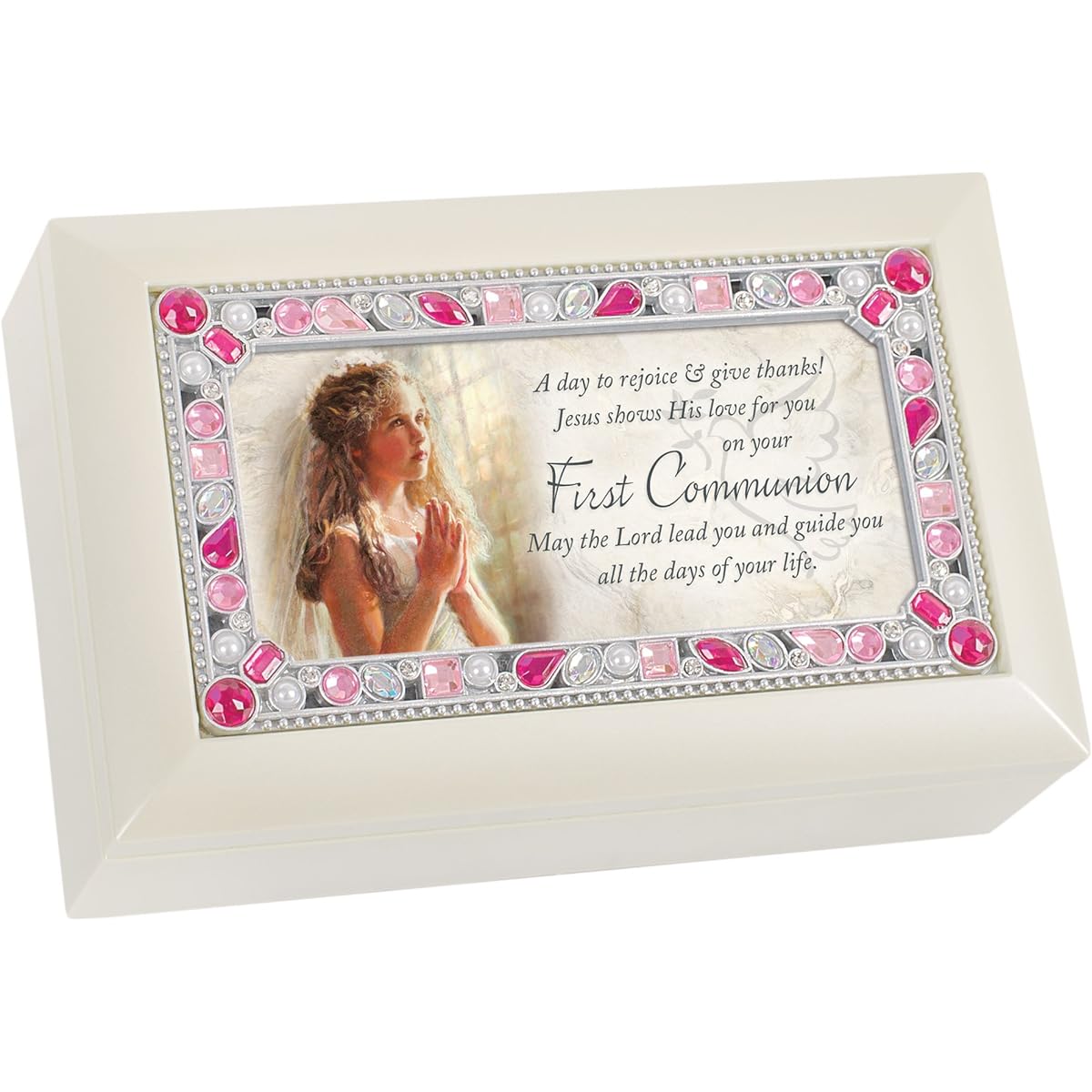 First Communion Girls Fincher Petite Jeweled Ivory Music Box Plays Jesus Loves Me