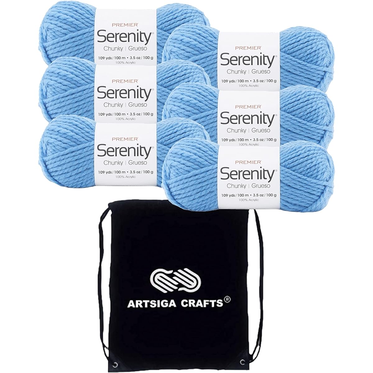 Premier Yarns Premier Serenity Chunky Solid Blue Sky 700-46 (6 Skeins) Same Dye Lot Chunky Bulky #5 Soft Knitting Yarn 100% Acrylic Bundle with 1 Artsiga Kraft Bag