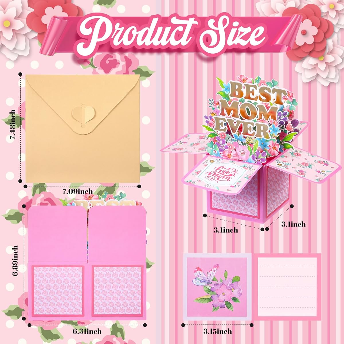 Mooliwe 6pcs Mother's Day 3D Bouquet Pop Up Mother's Day Flower Gift Box Gift Best Mom Ever Pop Up Cards Colorful Greeting Cards with Note Cards and Envelopes Pop Up Cards Perfect for Mother's Day