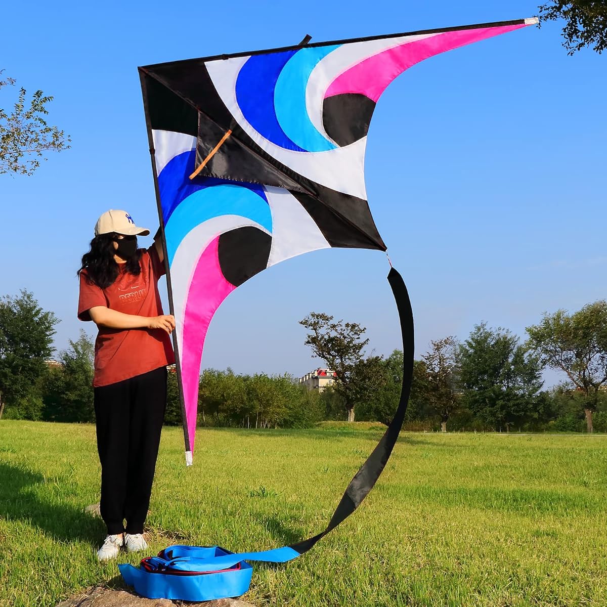 WEICAFLY Giant Delta Kite for Adults 110 Inch Giant Single Line Shark Kite with 99 Feet Extra Long Kite Tail Real Adult Player Kite