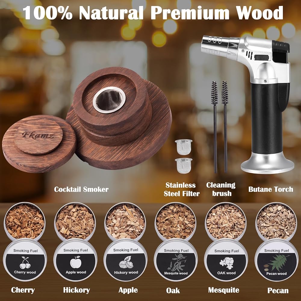 Fkamz Whiskey Smoker Kit with Torch Cocktail Smoker Kit 6 Flavor Wood Chips Old Fashioned Drink Smoker Infuser Kit Gift for Men (No Butane)