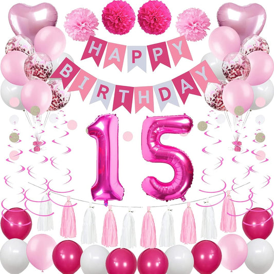 15th Birthday Decorations for Girls Pink and White 15 Happy Birthday Balloons, 15th Birthday Party Supplies, Pink Happy Birthday Banner for Girlfriend Daughter Kids, Hot Pink Number 15 Foil Balloons