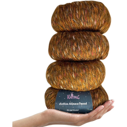 KnitPal Cotton Alpaca Tweed #3 DK Light Worsted Yarn 4 Pack (588yds/200g) Super Soft Fluffy Multicolor Blend for Knit/Crochet Hats Shawls/Clothing/Blankets (Caramel Brown)