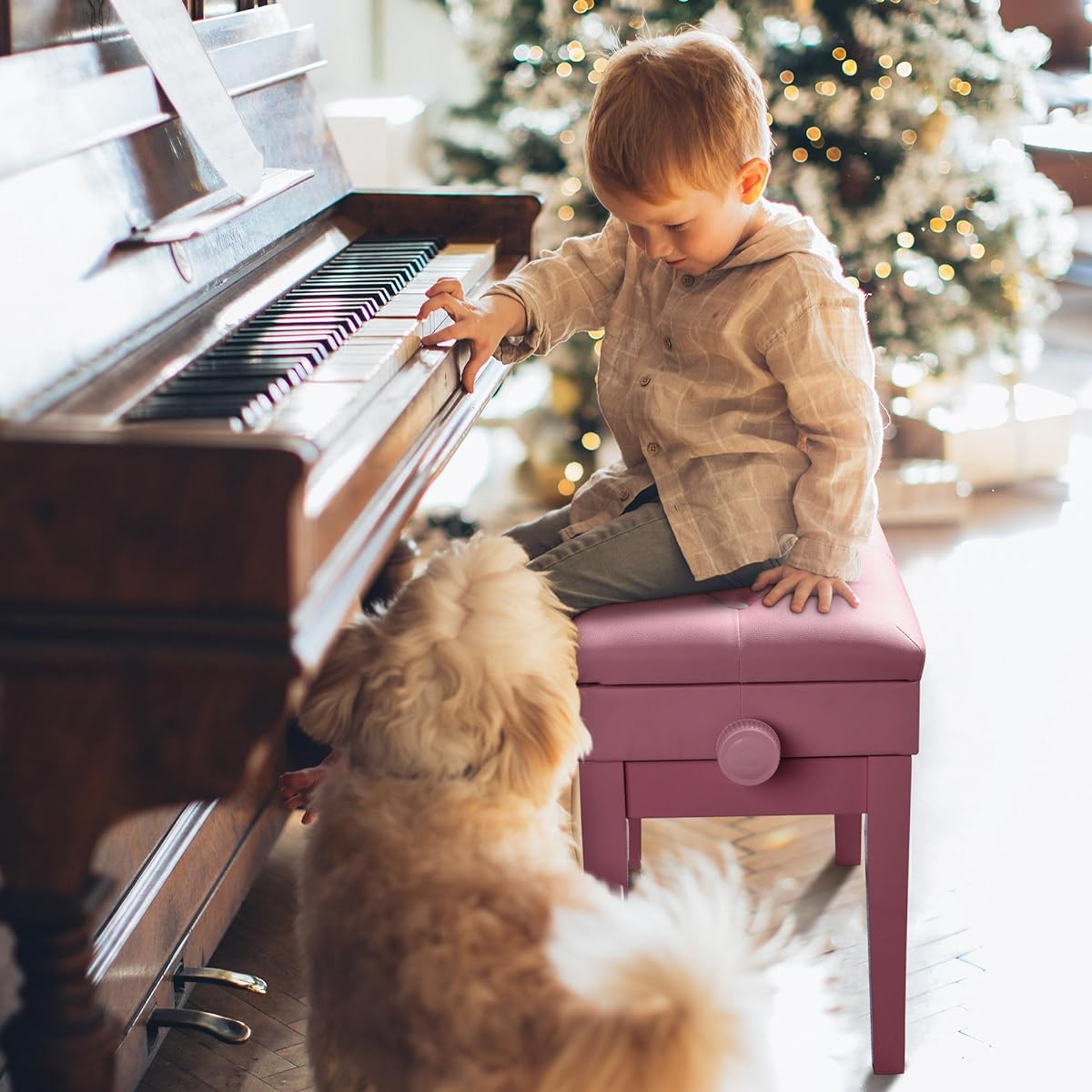 AW Adjustable Height Piano Bench PU Leather Padded Wooden Keyboard Stool Music Book Storage Pink