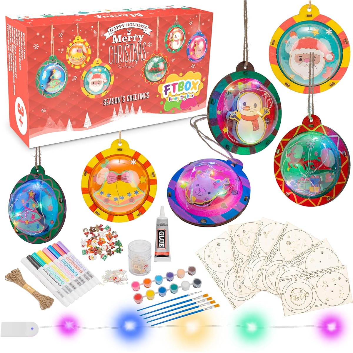 FTBox Christmas Wooden Craft Kit for Kids Arts & Crafts Gifts Boys Girls Craft Activities Painting Art Toys for 6 7 8 9 10 11 12 Years Old (With Christmas and Lights)