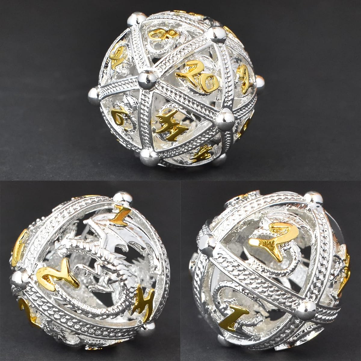 RULE DICE Metal DND Dice Set, 7 Round Hollow Sphere Design, Easy to Roll and Beautiful Dragon Shaped Metal Dice Set, Role Playing Game D&D Dice MTG Pathfinder (Silver Dragon)
