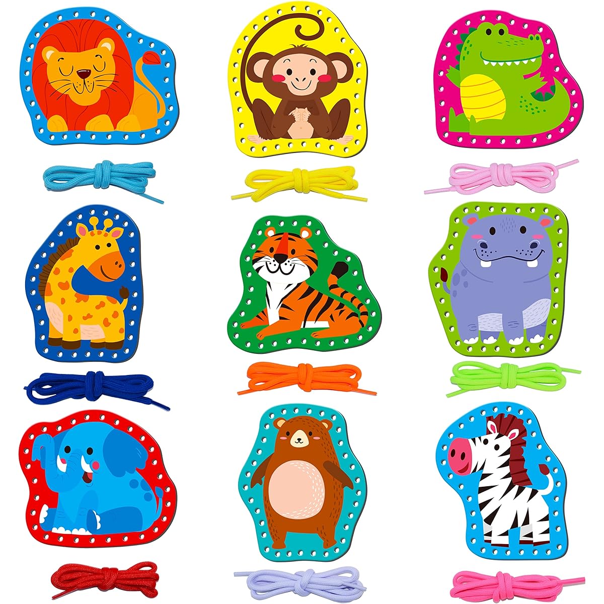 Racing Cards for Kids, Double Sided Sewing Cards, 9 Wild Animals with 9 Colorful Strings, Imagination Development, Racing Toys, Games, Educational and Learning Activities for Kids
