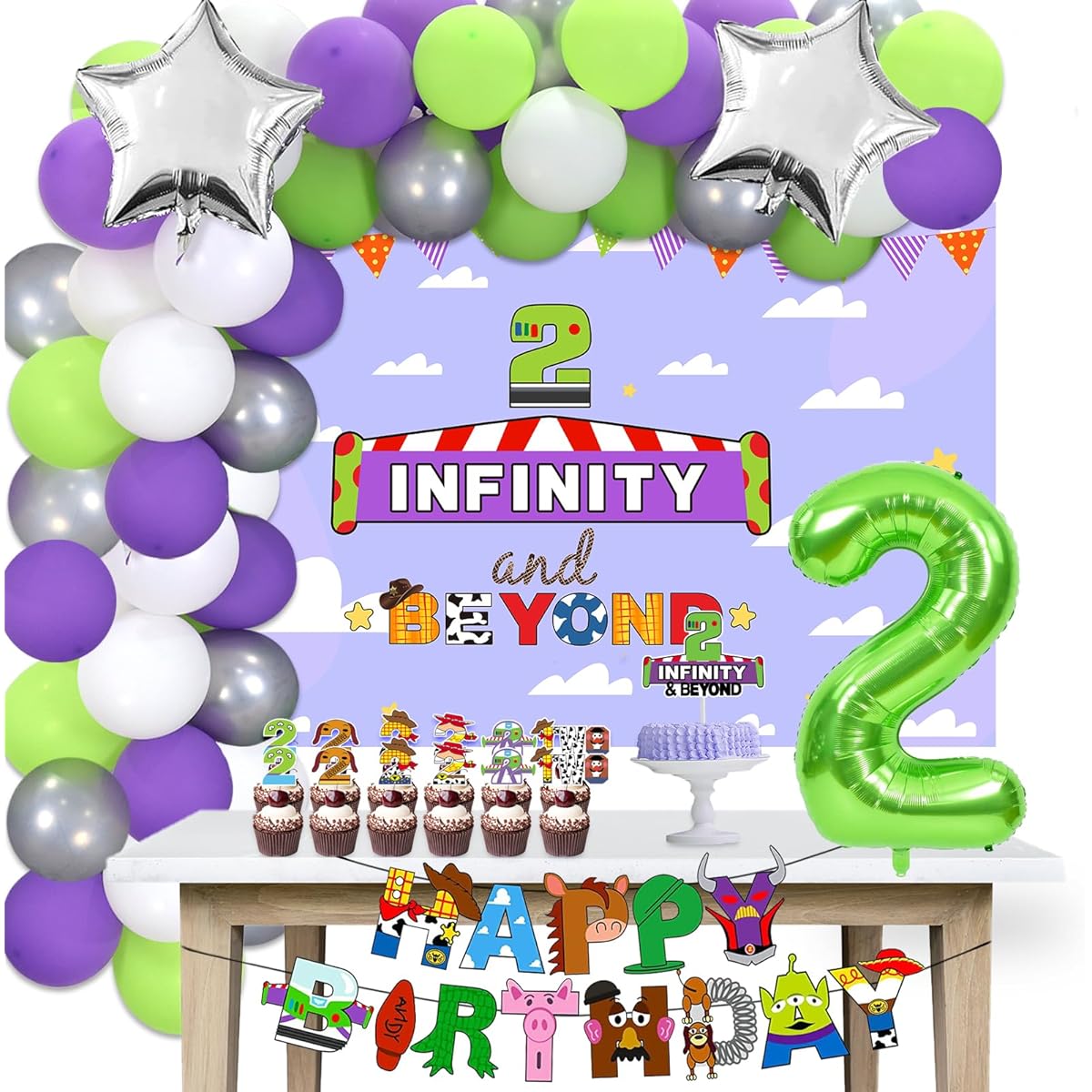 Crenics Two Infinity and Beyond Birthday Decorations - Two Infinity Backdrop Happy Birthday Banner Balloon Garland Arch Kit with 2 Number Balloons and Cake Topper for 2nd Birthday Decorations