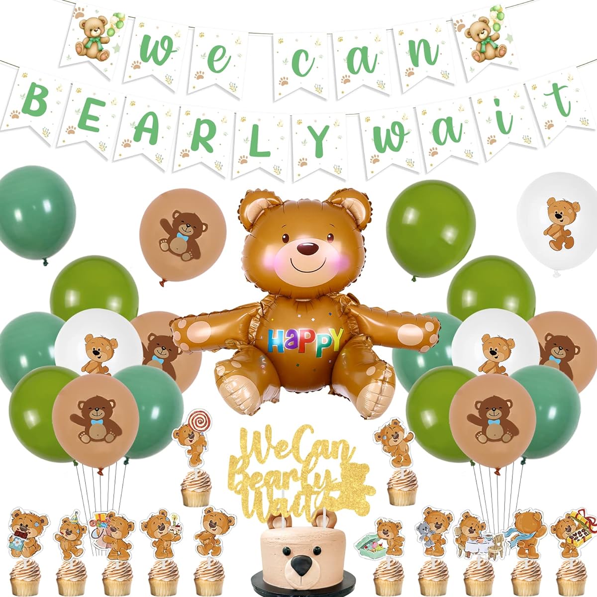 Green Bear Baby Shower Party Decorations Happy Birthday Banner Hanging Cake Topper We Can Bearly Wait Baby Shower Decorations Sage Green for Kids Baby Shower Birthday Party