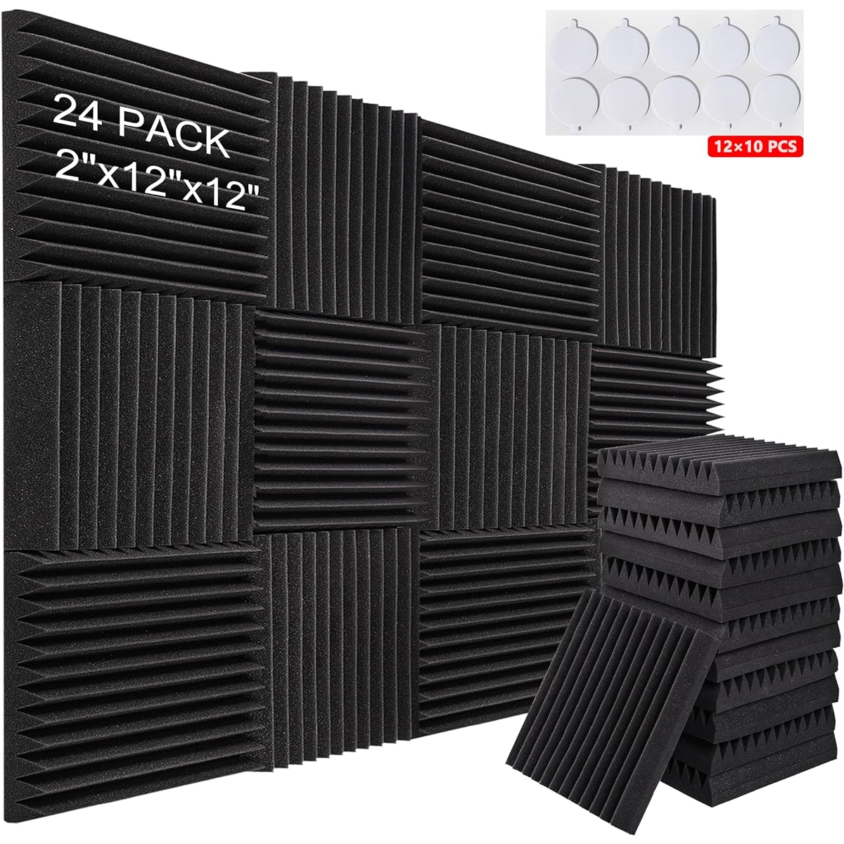 Soundproofing Foam Panels - Pack of 24 Flame Retardant Soundproofing Foam Panels for Walls and Ceilings Reverb Reduction Echo 12" x 12" x 2" Sound Insulation Wedge Noise Canceling Foam Tile for Home Office