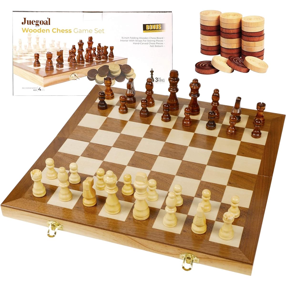 Juegoal 15" Wooden Chess & Checkers Set, 2-in-1 Board Game for Kids and Adults with Felt Game Board, Storage Travel Portable Folding Chess Game Set with 24 Wooden Checkers Pieces
