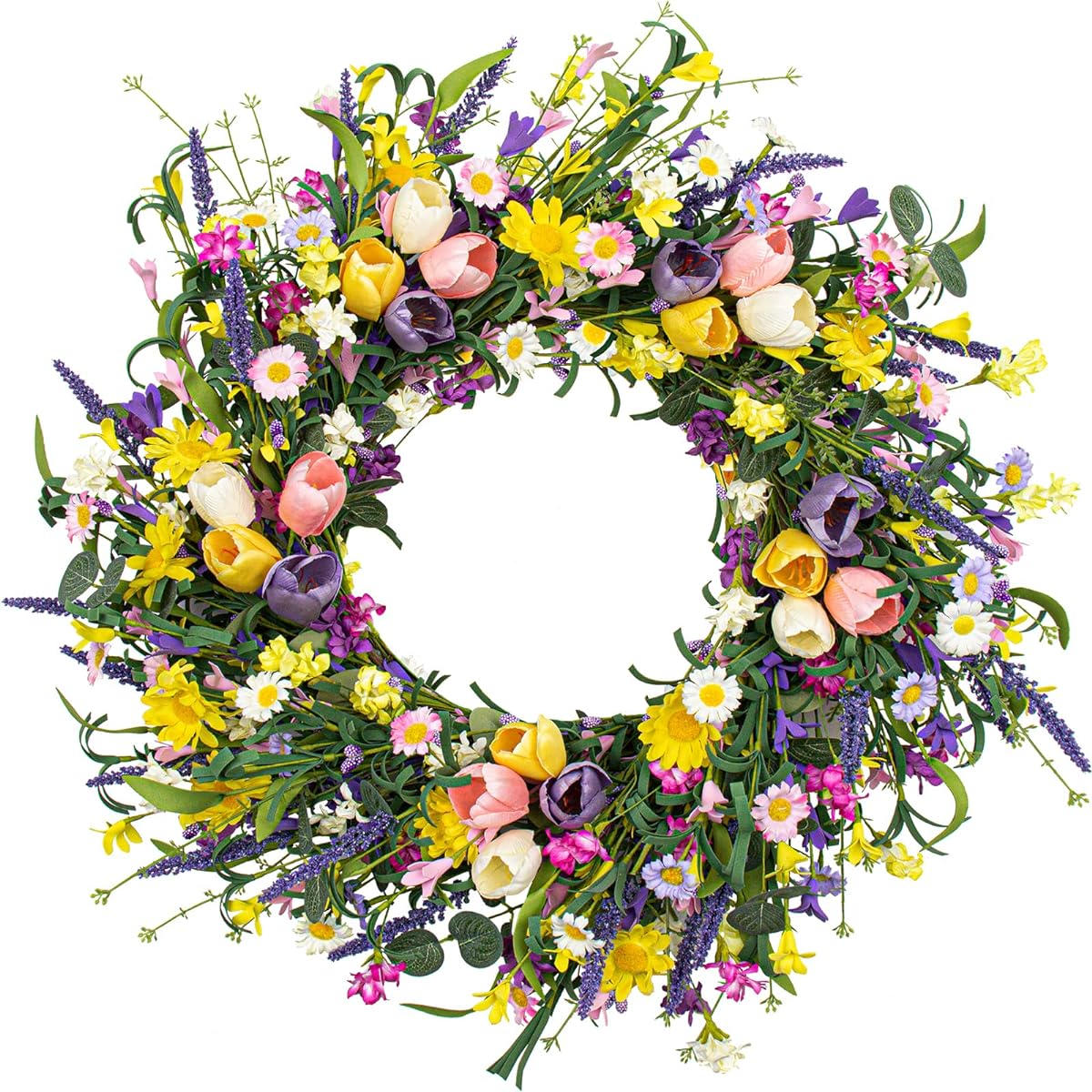 VioletEverGarden Spring Wreath, 22" Indoor Summer Wreath, Artificial Spring Wreath for Front Door, Tulip Wreath with Daisies and Lavender, Home Holiday Decorations