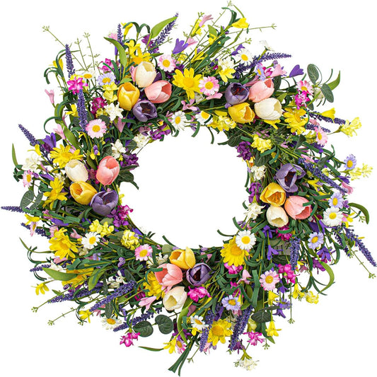 VioletEverGarden Spring Wreath, 22" Indoor Summer Wreath, Artificial Spring Wreath for Front Door, Tulip Wreath with Daisies and Lavender, Home Holiday Decorations