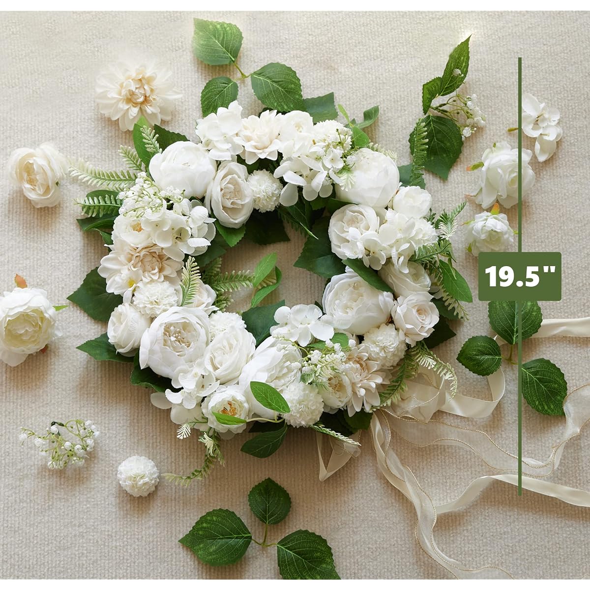 MISSPIN Artificial Flower Wreath for Front Door, Artificial White Peony Hydrangea Wreath for Home Decoration Window Wall Wedding