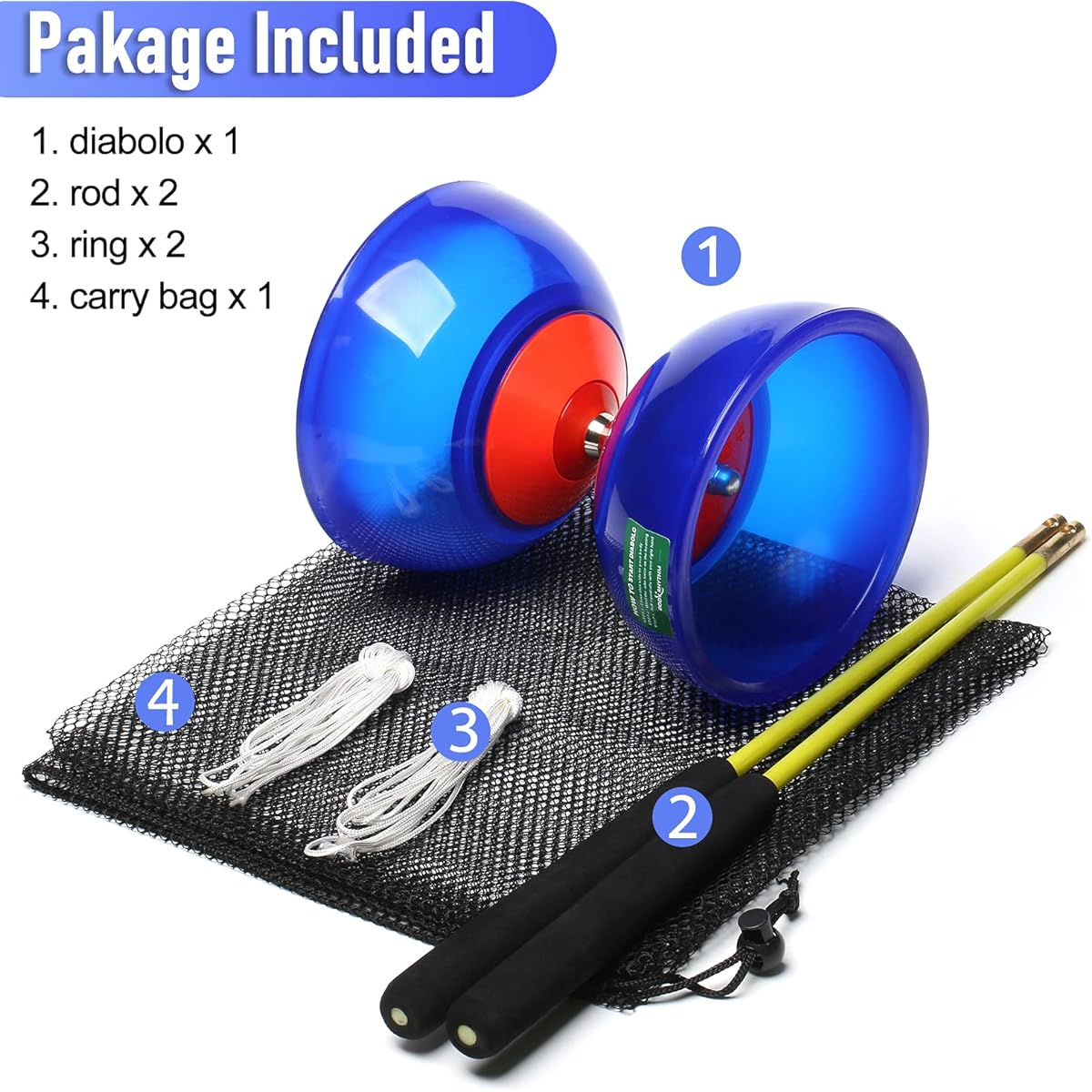 Body Rhythm 5 Bearing Chinese Diabolo Yo-Yo Set with Fiberglass Stick and Adjustable String for All Ages, Great for Fitness and Tricks (Blue)