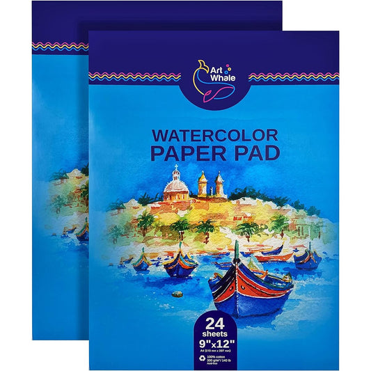 Art Whale Watercolor Paper - Cold Press Paper - Textured Surface - 2 Pad Pack - 9"x12" - 24 Sheets Each - 140lb/300GSM - Heavyweight Watercolor Paper Pad Glue Bound