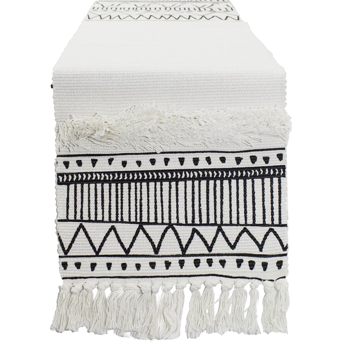 Fenneco Styles Ivory Boho Tribal Textured Table Runner with Tassels (14" x 102" Table Runner Table Runner Table Runner)